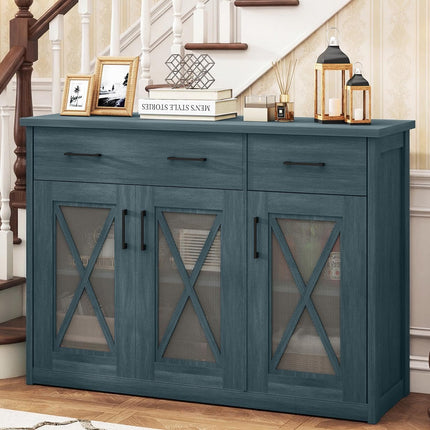 Dreamade 47" Farmhouse Buffet Cabinet w/Fluted Glass Doors 2 Drawers & Adjustable Shelves
