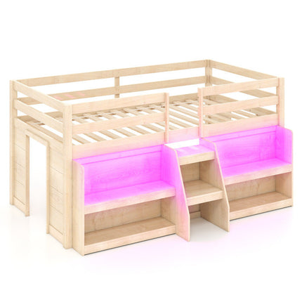 Dreamade Low Loft Bed with LED Lights, Wooden Twin Loft Bed with Stairs & Safety Guardrail