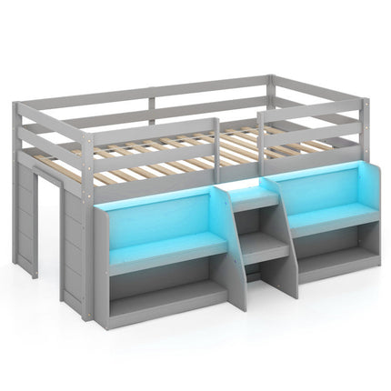 Dreamade Low Loft Bed with LED Lights, Wooden Twin Loft Bed with Stairs & Safety Guardrail