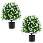 Dreamade 2 Pack Artificial Eucalyptus Topiary Ball Trees w/Flowers & Cement Filled Planter