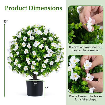 Dreamade 2 Pack Artificial Eucalyptus Topiary Ball Trees w/Flowers & Cement Filled Planter