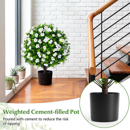 Dreamade 2 Pack Artificial Eucalyptus Topiary Ball Trees w/Flowers & Cement Filled Planter
