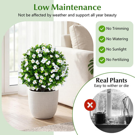 Dreamade 2 Pack Artificial Eucalyptus Topiary Ball Trees w/Flowers & Cement Filled Planter