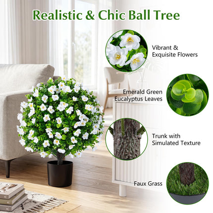 Dreamade 2 Pack Artificial Eucalyptus Topiary Ball Trees w/Flowers & Cement Filled Planter