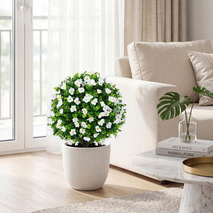 Dreamade 2 Pack Artificial Eucalyptus Topiary Ball Trees w/Flowers & Cement Filled Planter