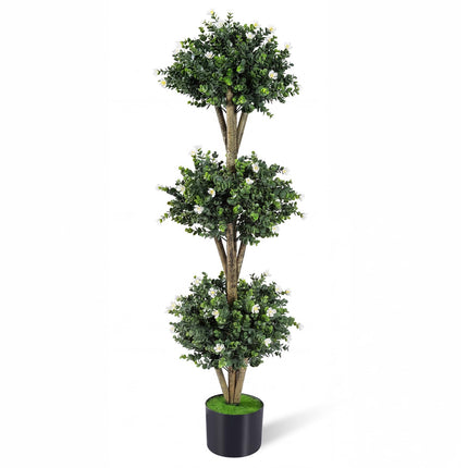 Dreamade 51" Artificial Triple Ball Boxwood Topiary Tree with 59 Blossoms & Cement-Filled Plastic Pot