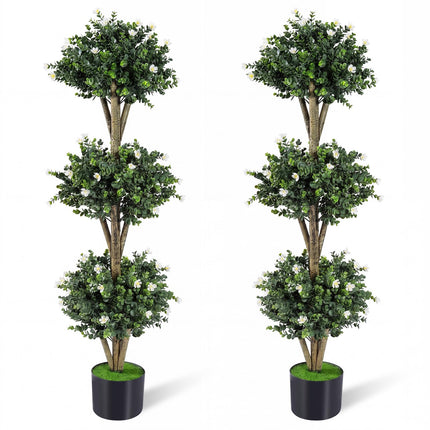 Dreamade 51" Artificial Triple Ball Boxwood Topiary Tree with 59 Blossoms & Cement-Filled Plastic Pot