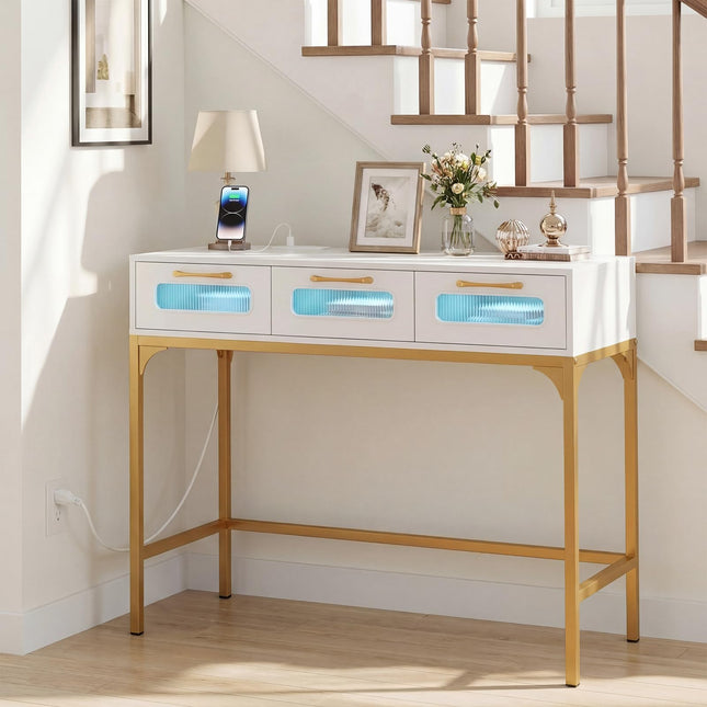 Dreamade 35.5" Gold Console Table with Charging Station & 3 Drawers