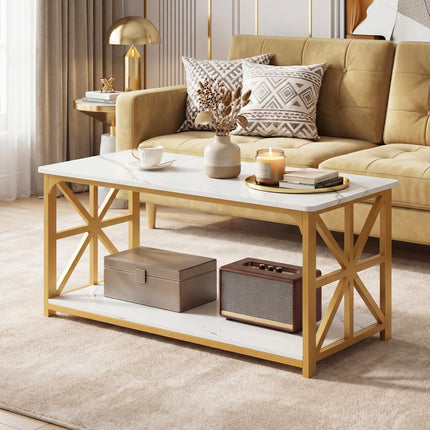 Dreamade 43" Farmhouse Coffee Table with Storage & X-Shaped Frames