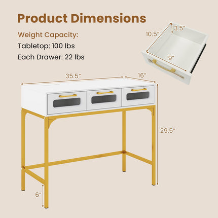 Dreamade 35.5" Gold Console Table with Charging Station & 3 Drawers
