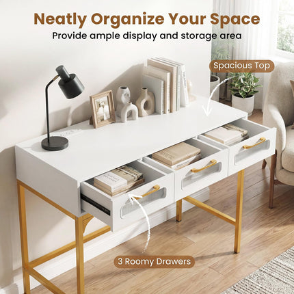 Dreamade 35.5" Gold Console Table with Charging Station & 3 Drawers