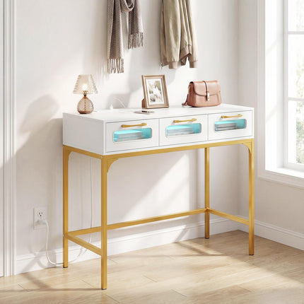 Dreamade 35.5" Gold Console Table with Charging Station & 3 Drawers