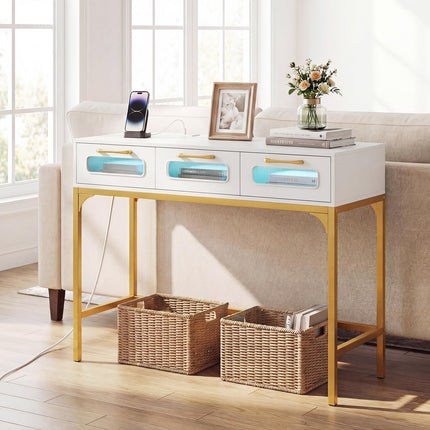 Dreamade 35.5" Gold Console Table with Charging Station & 3 Drawers