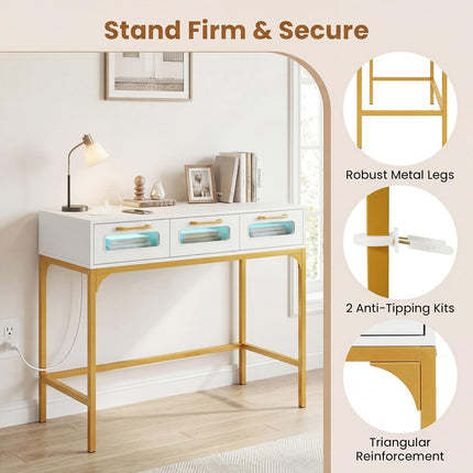 Dreamade 35.5" Gold Console Table with Charging Station & 3 Drawers