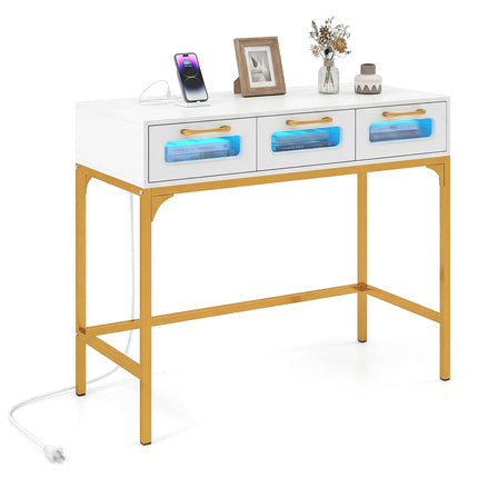 Dreamade 35.5" Gold Console Table with Charging Station & 3 Drawers