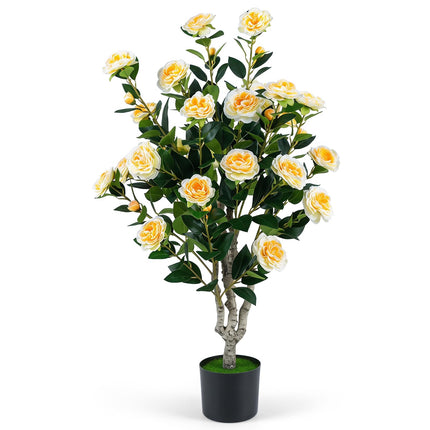 Dreamade 39.5" Artificial Camellia Tree | Faux Flower Plant Tree in Cement-Filled Pot with Blossoms
