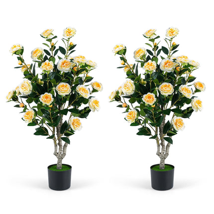 Dreamade 39.5" Artificial Camellia Tree | Faux Flower Plant Tree in Cement-Filled Pot with Blossoms