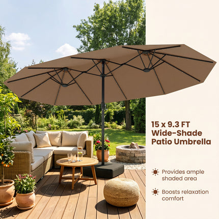 DREAMADE 15 ft Double-Sided Patio Umbrella w/Base Included, Large Outdoor Umbrella w/ 48 Solar Lights