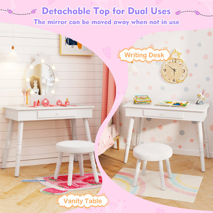 DREAMADE 2-in-1 Kids Makeup Vanity, Girls Vanity w/Lights, Stool, Mirror & Drawer