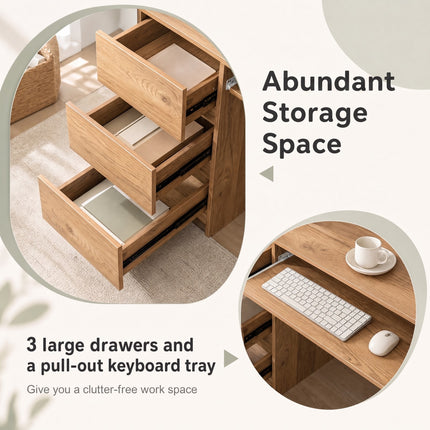 DREAMADE 42" Computer Desk with 3 Drawers and Keyboard Tray, Natural