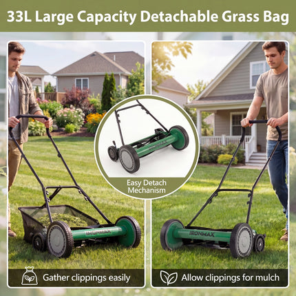 DREAMADE Manual Reel Mower, 18" Push Reel Lawn Mower, Green