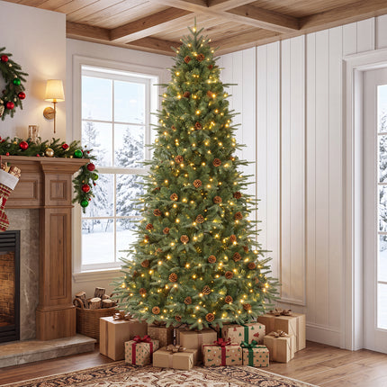DREAMADE 7.5 ft Pre-Lit Christmas Tree, 1125 Hinged Tips with Pine Cones