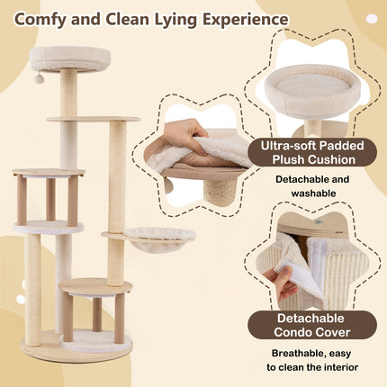 DREAMADE 60" Tall Cat Tree, Wooden Kitten Tower w/Sisal Scratching Posts & Mat