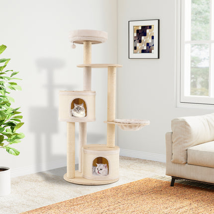 DREAMADE 60" Tall Cat Tree, Wooden Kitten Tower w/Sisal Scratching Posts & Mat