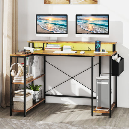 DREAMADE L-Shaped Gaming Desk with LED Lights & Power Outlets, 48" Computer Table with Storage Shelves