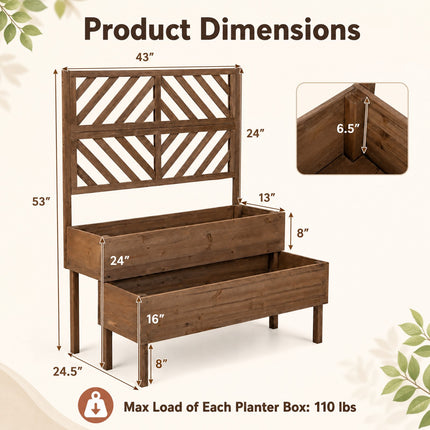 DREAMADE Raised Garden Bed with Trellis, 2-Tier Wooden Planter Box, Brown