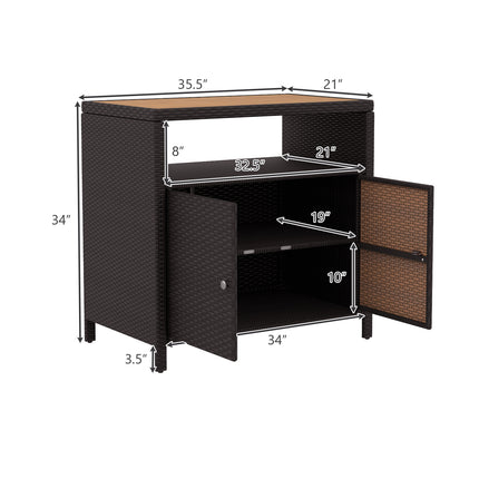 DREAMADE Outdoor Storage Cabinet, Wicker Patio Cabinet with Wood Top, Brown