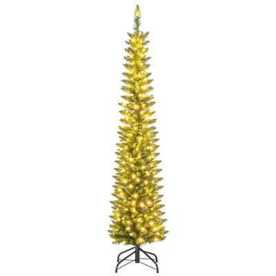 5ft Prelit Pencil Christmas Tree, Artificial Slim Xmas Tree with 150 Warm White LED Lights & 296 Full Branches