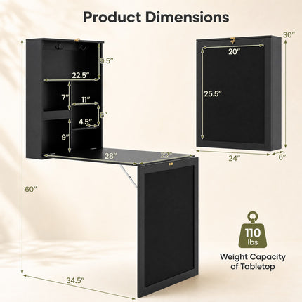 DREAMADE Folding Wall Desk, Wall Mounted Table with Storage, Fold Out Table with Shelves