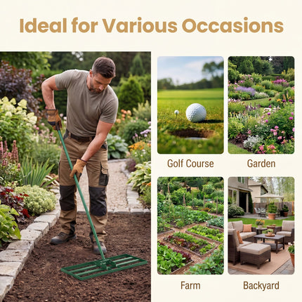 DREAMADE Lawn Leveling Rake, 30"/36"/42" x 10" Professional Grade Soil Distribution Rake w/67 Ergonomic Handle