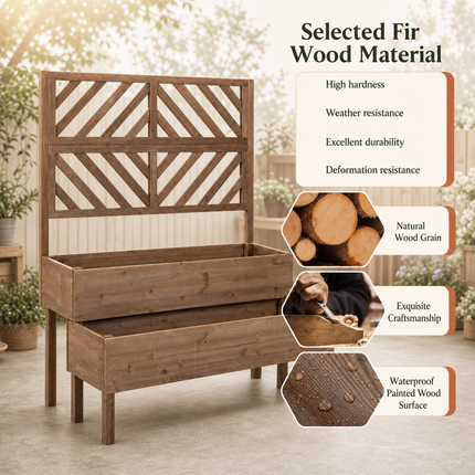 DREAMADE Raised Garden Bed with Trellis, 2-Tier Wooden Planter Box, Brown