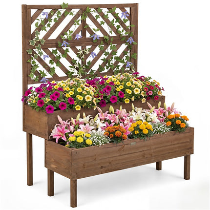 DREAMADE Raised Garden Bed with Trellis, 2-Tier Wooden Planter Box, Brown