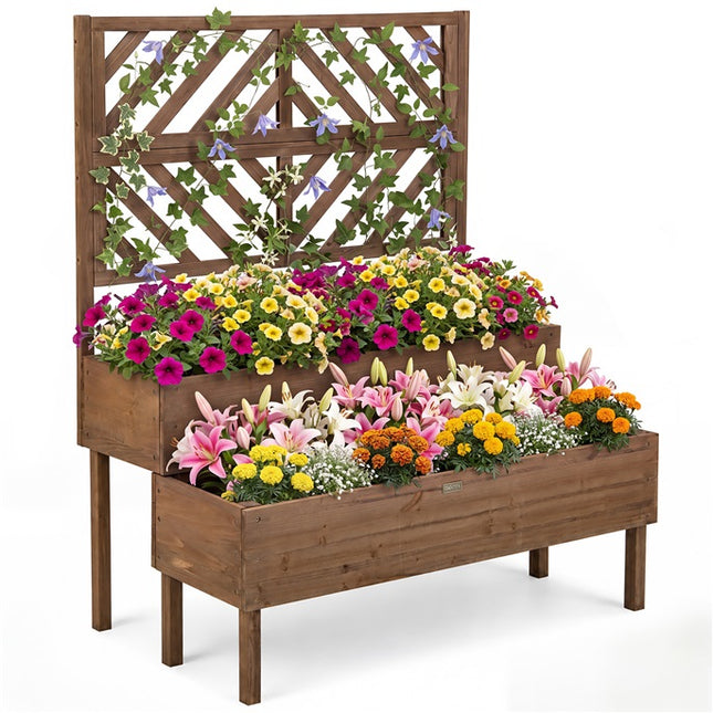 DREAMADE Raised Garden Bed with Trellis, 2-Tier Wooden Planter Box, Brown
