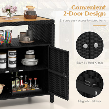 DREAMADE Outdoor Storage Cabinet, Wicker Patio Cabinet with Wood Top, Black