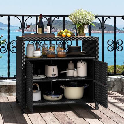 DREAMADE Outdoor Storage Cabinet, Wicker Patio Cabinet with Wood Top, Black
