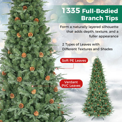 DREAMADE 7.5 ft Pre-Lit Christmas Tree, 1125 Hinged Tips with Pine Cones