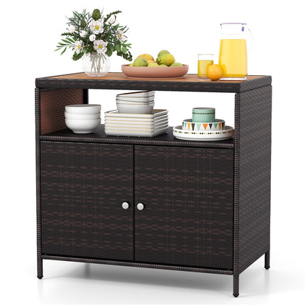 DREAMADE Outdoor Storage Cabinet, Wicker Patio Cabinet with Wood Top, Brown