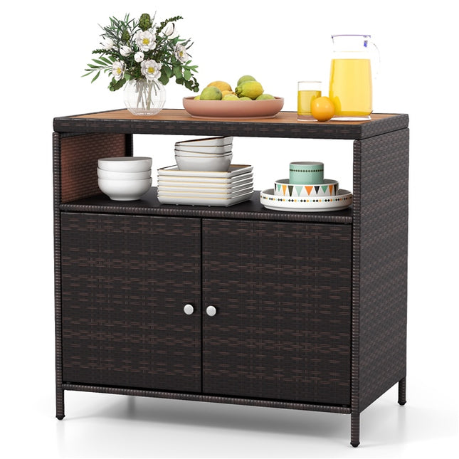 DREAMADE Outdoor Storage Cabinet, Wicker Patio Cabinet with Wood Top, Brown