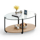 DREAMADE 2 Tier Glass Coffee Table, Oval Modern Home Furniture w/Open Storage Shelf & Sturdy Metal Legs