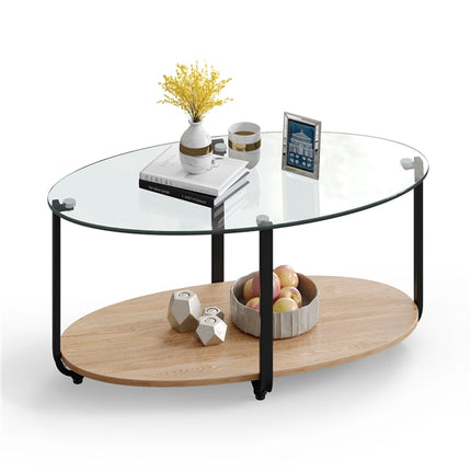 DREAMADE 2 Tier Glass Coffee Table, Oval Modern Home Furniture w/Open Storage Shelf & Sturdy Metal Legs