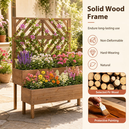 DREAMADE Raised Garden Bed with Trellis, 2-Tier Wooden Planter Box, Brown