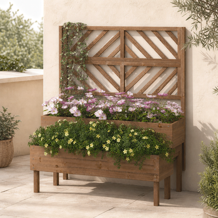 DREAMADE Raised Garden Bed with Trellis, 2-Tier Wooden Planter Box, Brown