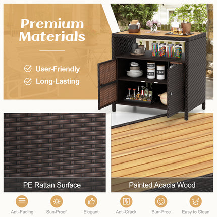 DREAMADE Outdoor Storage Cabinet, Wicker Patio Cabinet with Wood Top, Brown