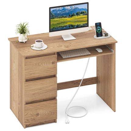 DREAMADE 42" Computer Desk with 3 Drawers and Keyboard Tray, Natural