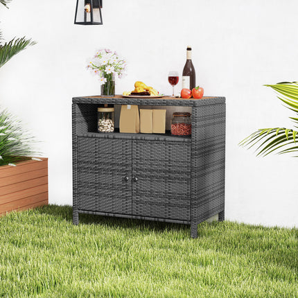DREAMADE Outdoor Storage Cabinet, Wicker Patio Cabinet with Wood Top, Grey