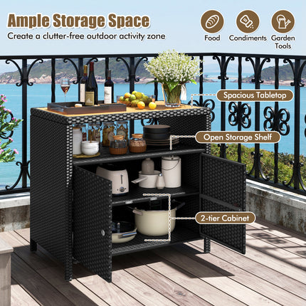 DREAMADE Outdoor Storage Cabinet, Wicker Patio Cabinet with Wood Top, Black